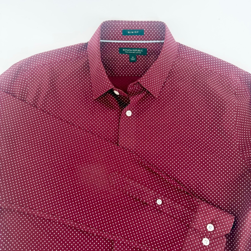 Banana Republic Mens Slim Fit Non-Iron Cotton Burgundy Polka Dot Dress Shirt M